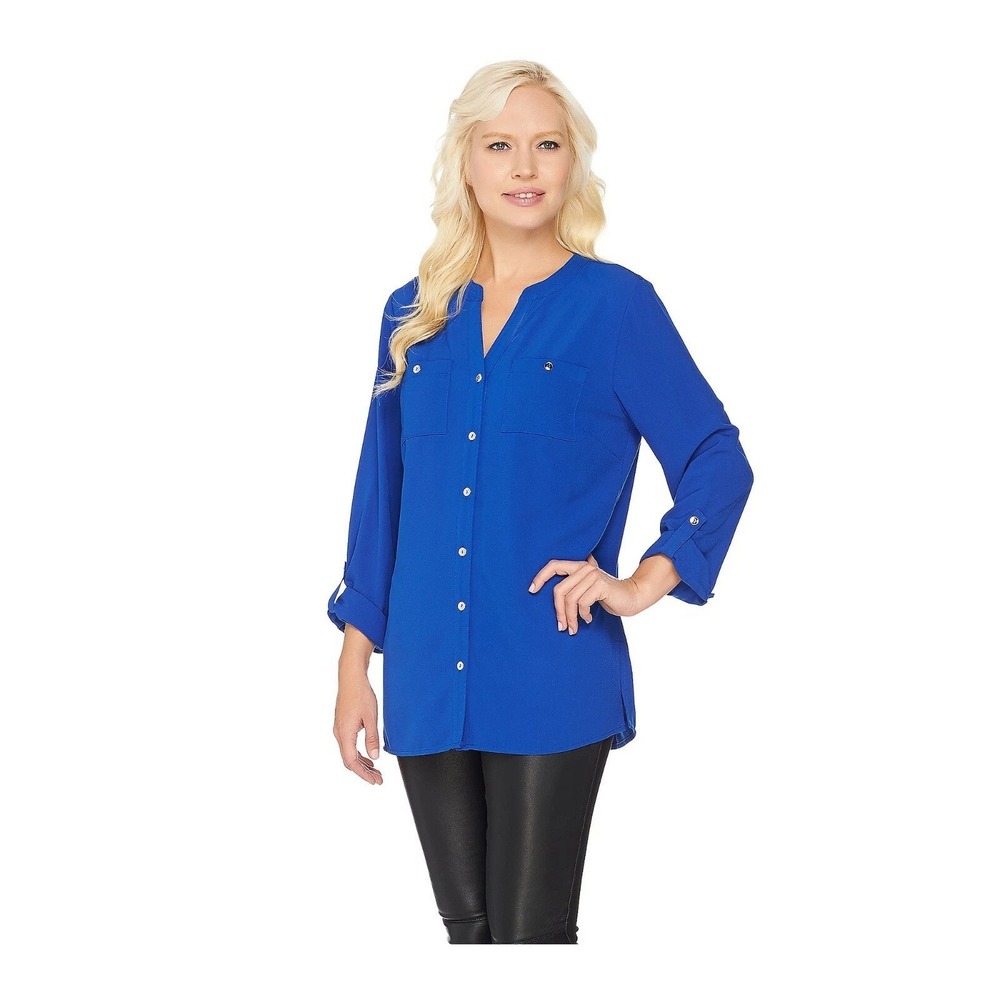 Susan Graver Lapis Blue Stretch Woven Button Front Long Sleeve Shirt Sz. 20W NEW